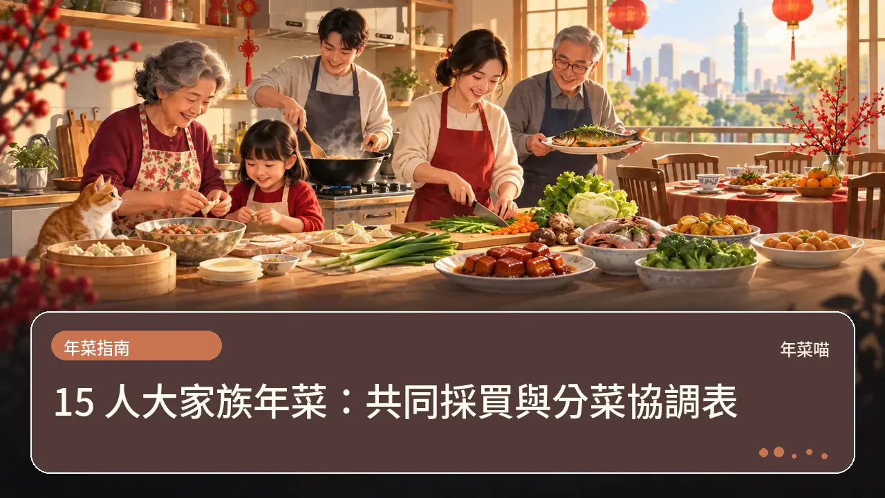 15 人大家族年菜:共同採買與分菜協調表主題插畫