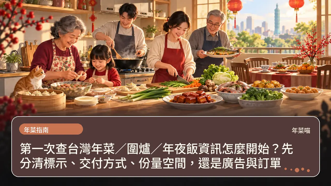 第一次查台灣年菜/圍爐/年夜飯資訊怎麼開始?先分清標示、交付方式、份量空間,還是廣告與訂單主題插畫