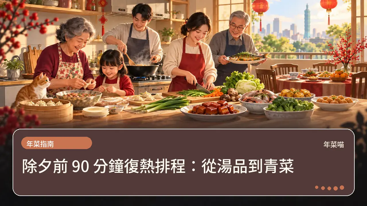 除夕前 90 分鐘復熱排程:從湯品到青菜主題插畫