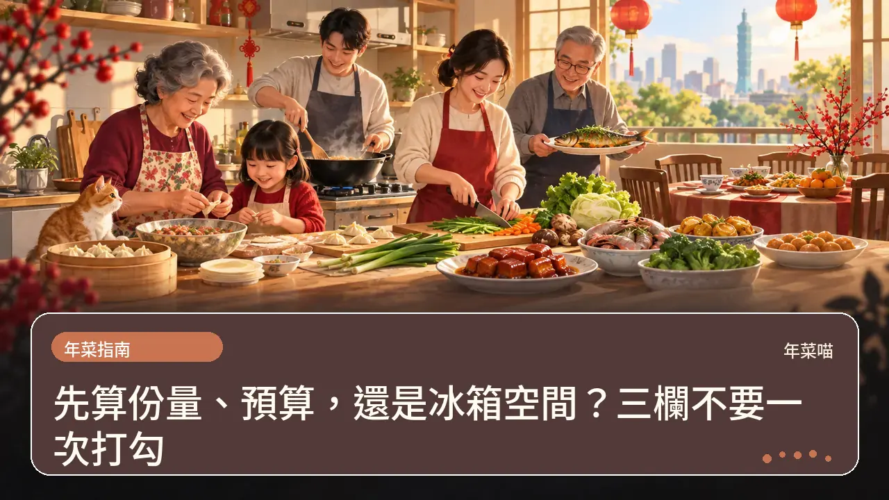 先算份量、預算,還是冰箱空間?三欄不要一次打勾主題插畫