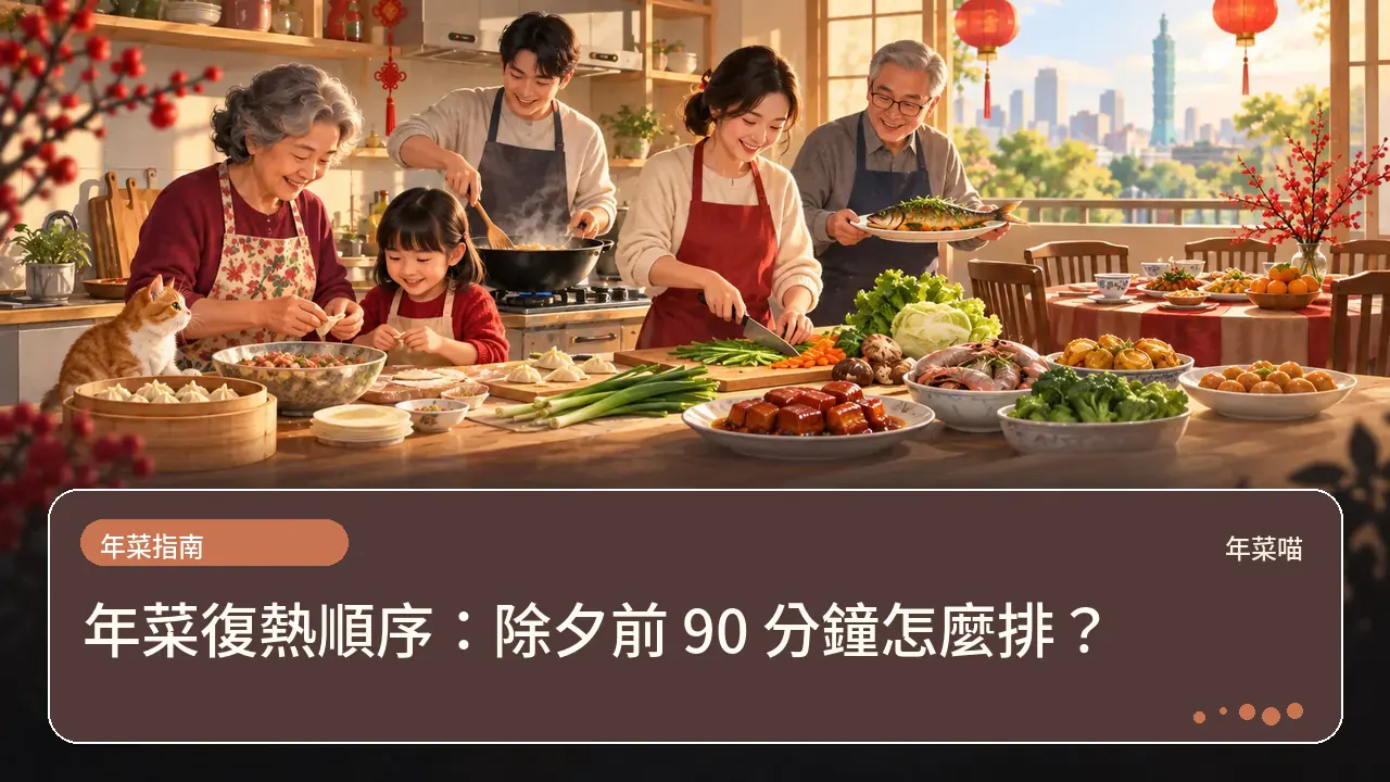 年菜復熱順序:除夕前 90 分鐘怎麼排?主題插畫
