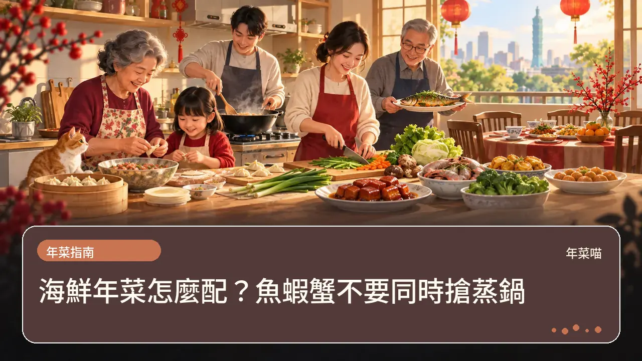 海鮮年菜怎麼配?魚蝦蟹不要同時搶蒸鍋主題插畫