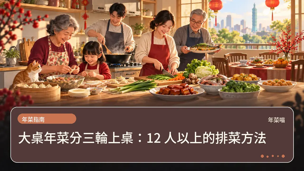 大桌年菜分三輪上桌:12 人以上的排菜方法主題插畫
