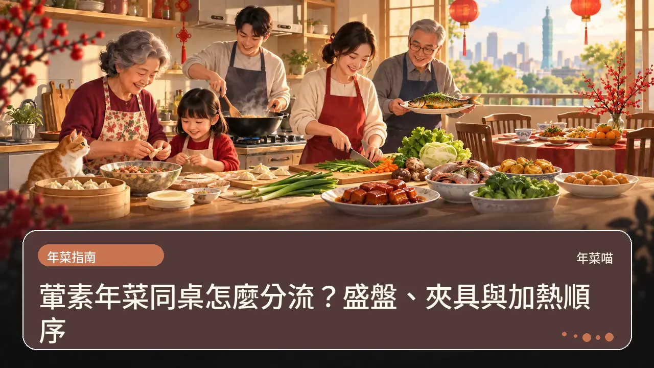 葷素年菜同桌怎麼分流?盛盤、夾具與加熱順序主題插畫